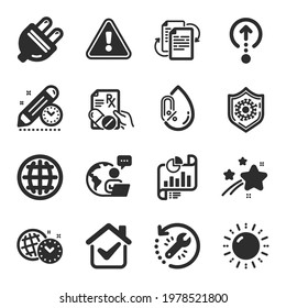 Set of Science icons, such as Project deadline, Sun energy, Globe symbols. Bureaucracy, No alcohol, Time management signs. Recovery tool, Swipe up, Electric plug. Prescription drugs. Vector