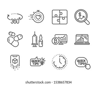 Set of Science icons, such as Puzzle, Augmented reality, Education idea, Currency audit, Capsule pill, Bitcoin chart, Time, 360 degrees, Quick tips, Timer, Medical vaccination line icons. Vector