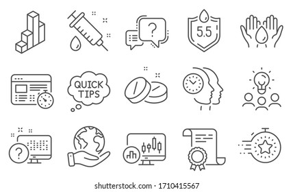 Set of Science icons, such as Question mark, Timer. Diploma, ideas, save planet. Time management, Candlestick chart, Medical syringe. Online quiz, Ph neutral, 3d chart. Vector