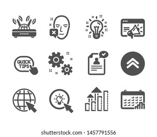 Set of Science icons, such as Quick tips, Wifi, Work, Swipe up, Energy, Seo marketing, Resume document, Idea, Calendar graph, Internet, Analysis graph, Face declined classic icons. Vector