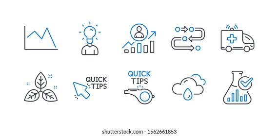 Set Of Science Icons, Such As Quick Tips, Line Chart, Fair Trade, Rainy Weather, Tutorials, Career Ladder, Ambulance Car, Methodology, Education, Chemistry Lab Line Icons. Line Quick Tips Icon. Vector