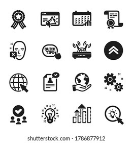 Set of Science icons, such as Quick tips, Wifi. Certificate, approved group, save planet. Work, Swipe up, Energy. Seo marketing, Resume document, Idea. Calendar graph, Internet, Analysis graph. Vector