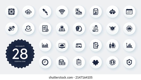 Set of Science icons, such as Quick tips, Chemistry pipette and Vaccine report flat icons. Time, Inspect, Puzzle web elements. Medical mask, Checked calculation, Mineral oil signs. Vector