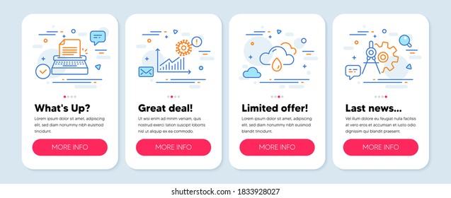 Set of Science icons, such as Rainy weather, Coronavirus statistics, Typewriter symbols. Mobile screen banners. Cogwheel dividers line icons. Rain, Confirmed cases chart, Writer machine. Vector