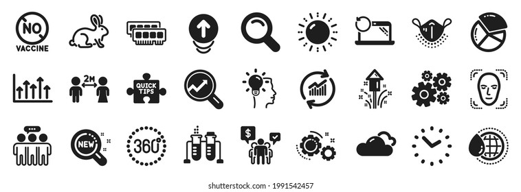 Juego de iconos de ciencia, como Ram, Buscar, iconos de grupo Empleados. Máscara médica, Idea, sin signos de la vacuna. CogWheel, agua mundial, energía solar. 360 grados, prueba animal, trabajo en equipo. Actualizar datos. Vector