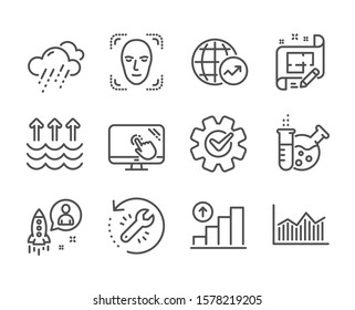 Set of Science icons, such as Recovery tool, Face detection, Startup, Money diagram, Rainy weather, Chemistry lab, Cogwheel, Touch screen, Graph chart, Evaporation, Architect plan. Vector