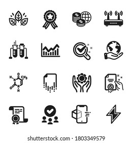 Set of Science icons, such as Recovery file, World money. Certificate, approved group, save planet. Employee hand, Augmented reality, Certificate. Chemistry lab, Infochart, Energy. Vector
