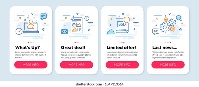 Set of Science icons, such as Recovery ssd, Best manager, Report document symbols. Mobile screen app banners. Cogwheel line icons. Backup info, Best developer, Growth chart. Engineering tool. Vector