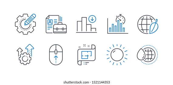 Set of Science icons, such as Report timer, Settings gear, Vacancy, Sunny weather, Swipe up, Architectural plan, Decreasing graph, Seo gear, Environment day, World water line icons. Vector