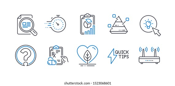 Set of Science icons, such as Report, Timer, Pyramid chart, Quickstart guide, Check article, Question mark, Prescription drugs, Energy, Local grown, Wifi line icons. Line report icon. Vector