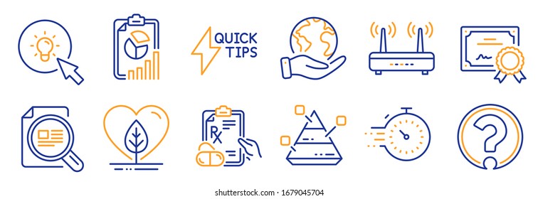 Conjunto de iconos de ciencia, como Informe, Temporizador. Certificado, salva el planeta. Pirámide, guía Quickstart, artículo Check. Marca de preguntas, Medicamentos recetados, Energía. Iconos locales de línea Wifi. Vector