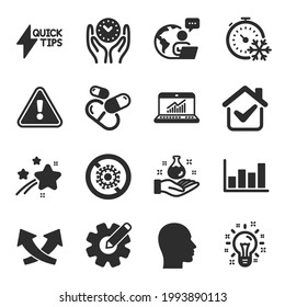 Juego de iconos de ciencia, como diagrama de informes, Tiempo seguro, símbolos de estadísticas en línea. Laboratorio de Química, Guía Quickstart, Señales del temporizador de congelación. CogWheel, Idea, Cabeza. Flechas de intersección. Vector