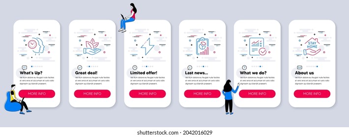 Juego de iconos de ciencia, como Informe, Cálculo comprobado, Iconos de energía. pantallas de aplicación de teléfono de interfaz de usuario con trabajo en equipo. Administración del tiempo, Producto orgánico, Símbolos de la línea de inicio. Vector