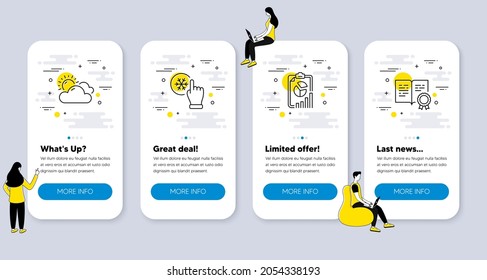 Set of Science icons, such as Report, Freezing click, Sunny weather icons. UI phone app screens with people. Certificate line symbols. Presentation chart, Air conditioner, Summer. Vector