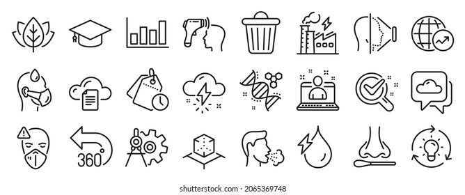 Set of Science icons, such as Report diagram, Chemistry lab, Idea icons. File storage, Sick man, Thunderstorm weather signs. World statistics, Electronic thermometer, Augmented reality. Vector