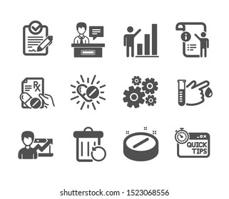 Set of Science icons, such as Rfp, Recovery trash, Graph chart, Exhibitors, Medical drugs, Medical tablet, Success business, Manual doc, Blood donation, Prescription drugs, Cogwheel. Rfp icon. Vector