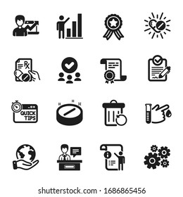 Set of Science icons, such as Rfp, Recovery trash. Certificate, approved group, save planet. Graph chart, Exhibitors, Medical drugs. Medical tablet, Success business, Manual doc. Vector