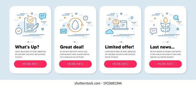 Set of Science icons, such as Rfp, Online help, Cold-pressed oil symbols. Mobile screen banners. Gluten free line icons. Request for proposal, Web support, Organic tested. Bio ingredients. Vector