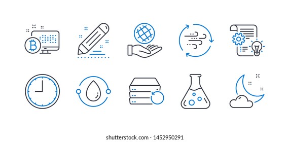 Set of Science icons, such as Safe planet, Cogwheel, Cold-pressed oil, Chemistry lab, Recovery server, Bitcoin system, Brand contract, Wind energy, Time, Night weather line icons. Vector