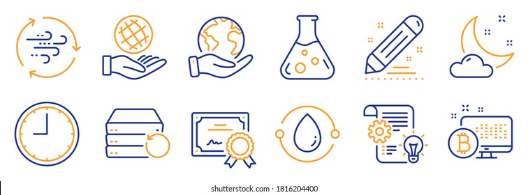Juego de íconos de la ciencia, como Planeta Seguro, CogWheel. Certificado, salva el planeta. Aceite prensado frío, laboratorio de química, servidor de recuperación. Sistema Bitcoin, contrato de marca, Energía eólica. Vector