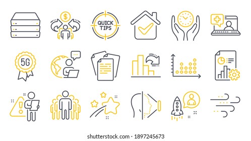 Set of Science icons, such as Safe time, Decreasing graph, Documents symbols. Medical help, Dot plot, Group signs. Sharing economy, Face id, Tips. Startup, Windy weather, 5g technology. Vector