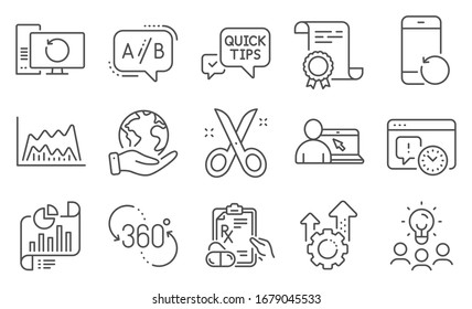 Set of Science icons, such as Scissors, Recovery phone. Diploma, ideas, save planet. Project deadline, Online education, Quick tips. Prescription drugs, Recovery computer, Seo gear. Vector
