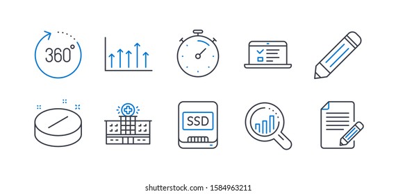 Set of Science icons, such as Seo analysis, Web lectures, Ssd, Pencil, Hospital building, Growth chart, 360 degrees, Timer, Medical tablet, Article line icons. Targeting chart, Online test. Vector