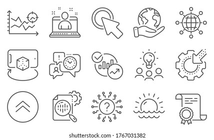 Conjunto de iconos de la ciencia, como estadísticas de Seo, estadísticas. Diploma, ideas, salvar el planeta. Realidad aumentada, análisis de Seo, Click aquí. Mundo internacional, Swipe up, Mejor director. Vector