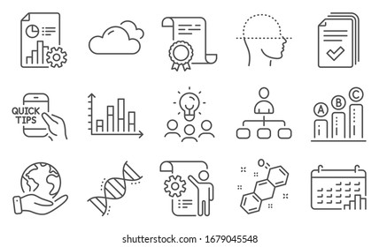 Conjunto de iconos de la ciencia como el plano de configuración, el escaneo de caras, el clima nublado. Diploma, ideas, salva el planeta. Informe, Gráfico gráfico gráfico, Gráfico de diagrama. Fórmula química, Educación. Vector
