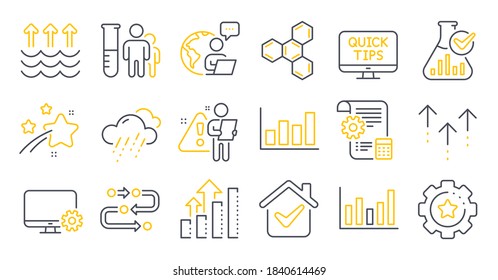 Set of Science icons, such as Settings gear, Analysis graph, Web tutorials symbols. Column chart, Chemical formula, Methodology signs. Settings blueprint, Medical analyzes, Rainy weather. Vector