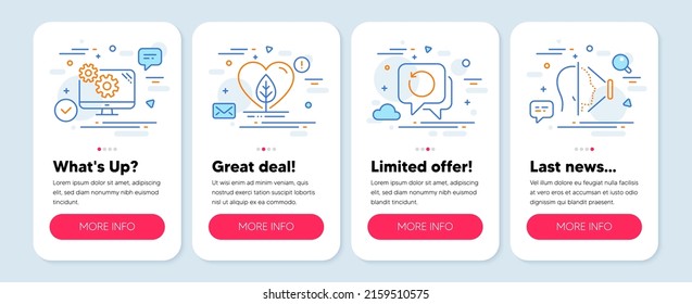 Set of Science icons, such as Settings, Local grown, Recovery data symbols. Mobile screen mockup banners. Face id line icons. Cogwheel tool, Organic tested, Backup info. Phone scanning. Vector