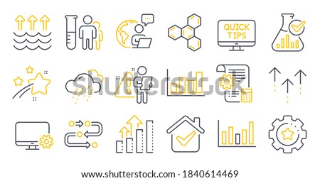 Set of Science icons, such as Settings gear, Analysis graph, Web tutorials symbols. Column chart, Chemical formula, Methodology signs. Settings blueprint, Medical analyzes, Rainy weather. Vector