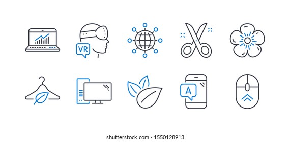 Set of Science icons, such as Slow fashion, Natural linen, International globe, Augmented reality, Online statistics, Computer, Ab testing, Scissors, Organic product, Swipe up line icons. Vector