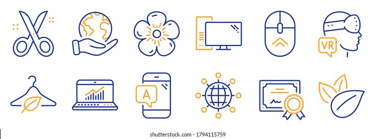 Set of Science icons, such as Slow fashion, Natural linen. Certificate, save planet. International globe, Augmented reality, Online statistics. Computer, Ab testing, Scissors. Vector