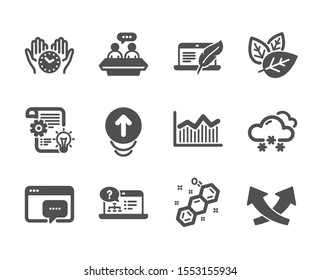 Set of Science icons, such as Snow weather, Cogwheel, Organic tested, Chemical formula, Seo message, Money diagram, Safe time, Online help, Copyright laptop, Swipe up, Employees talk. Vector