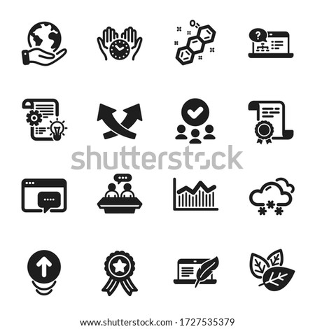 Set of Science icons, such as Snow weather, Cogwheel. Certificate, approved group, save planet. Organic tested, Chemical formula, Seo message. Money diagram, Safe time, Online help. Vector