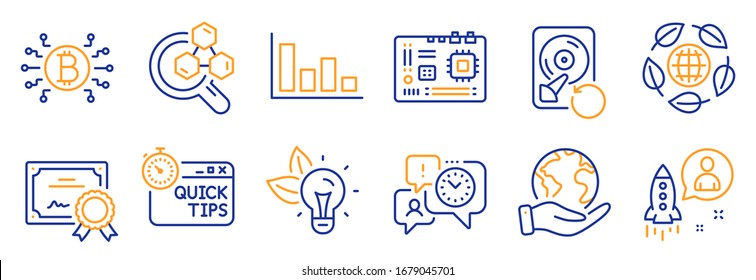 Set of Science icons, such as Startup, Bitcoin system. Certificate, save planet. Chemistry lab, Motherboard, Eco organic. Eco energy, Time management, Recovery hdd. Vector