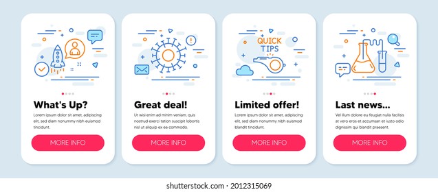 Juego de iconos de la ciencia, como los símbolos Startup, Coronavirus, Tutoriales. Banners de simulación de pantalla móvil. Iconos de línea de laboratorio de química. Desarrollador, Infección, Consejos rápidos. Laboratorio médico. Vector