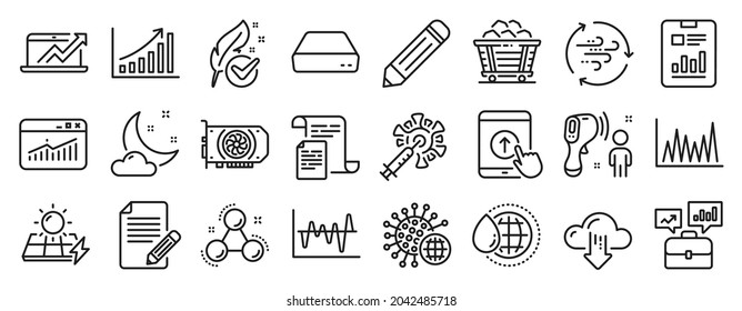 Set of Science icons, such as Stock analysis, Night weather, Website statistics icons. Graph chart, Wind energy, Coal trolley signs. Swipe up, Sales diagram, Mini pc. Line graph, Documents. Vector