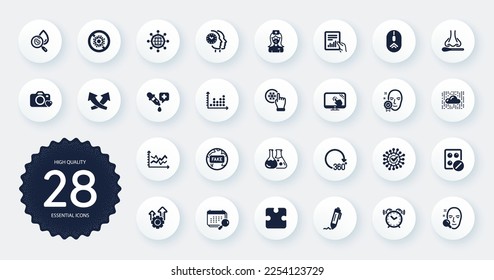 Set of Science icons, such as Stop coronavirus, Puzzle and Water analysis flat icons. Nurse, Chemistry lab, International globe web elements. Freezing click, 360 degrees, Coronavirus signs. Vector