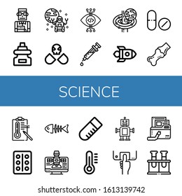 Set of science icons. Such as Student, Dropper, Rover, Drugs, View, Syringe, Black hole, Rocket, Drug, Joint, Temperature, Blister pack, Fish bone, Satellite, Test tube , science icons