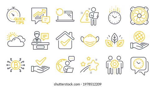 Set of Science icons, such as Sunny weather, Clock, Medical mask symbols. Safe planet, Organic tested, Exhibitors signs. Recovery laptop, Quick tips, Time. Accounting, Computer fan. Vector