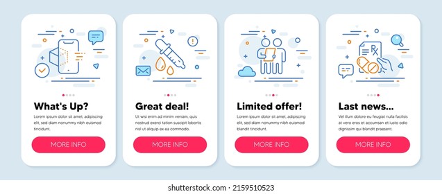 Set of Science icons, such as Survey, Augmented reality, Chemistry pipette symbols. Mobile screen mockup banners. Prescription drugs line icons. Contract, Phone simulation, Laboratory. Pills. Vector
