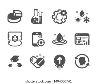 Set of Science icons, such as Swipe up, Medical pills, Web report, Seo phone, Face id, Throw hats, Weather, Chemistry lab, Pie chart, Fuel energy, Cogwheel, Augmented reality. Swipe up icon. Vector