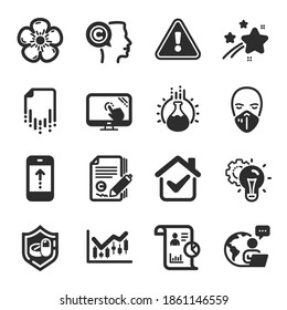Set of Science icons, such as Swipe up, Report, Financial diagram symbols. Chemistry experiment, Natural linen, Touch screen signs. Recovery file, Copywriting, Medical mask. Idea gear. Vector