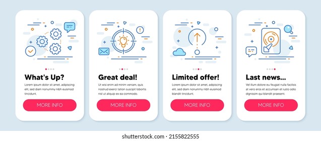 Set of Science icons, such as Swipe up, Gears, Idea symbols. Mobile screen banners. Hdd line icons. Scrolling page, Work process, Solution. Memory disk. Swipe up icons. Vector