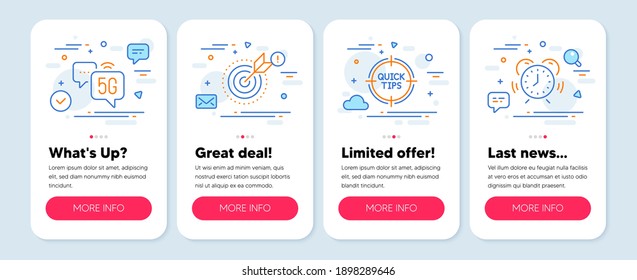 Set of Science icons, such as Target purpose, 5g internet, Tips symbols. Mobile screen app banners. Time management line icons. Business focus, Wifi technology, Quick tricks. Alarm clock. Vector