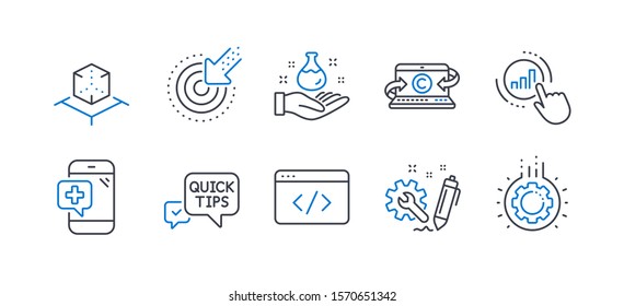 Set of Science icons, such as Targeting, Augmented reality, Copywriting notebook, Medical phone, Seo script, Graph chart, Chemistry lab, Quick tips, Engineering, Gear line icons. Vector