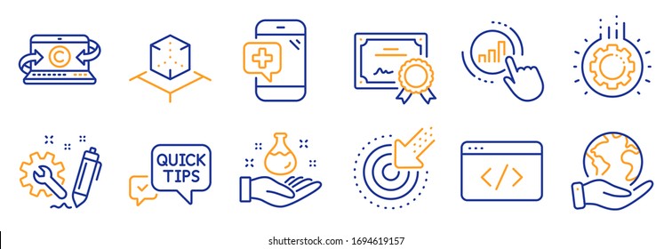 Set of Science icons, such as Targeting, Augmented reality. Certificate, save planet. Copywriting notebook, Medical phone, Seo script. Graph chart, Chemistry lab, Quick tips. Vector