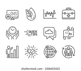 Set of Science icons, such as Teamwork, Graph chart, Medical drugs, Stock analysis, Organic product, Weather forecast, Safe time, Eco energy, Education, Journey path, First aid line icons. Vector